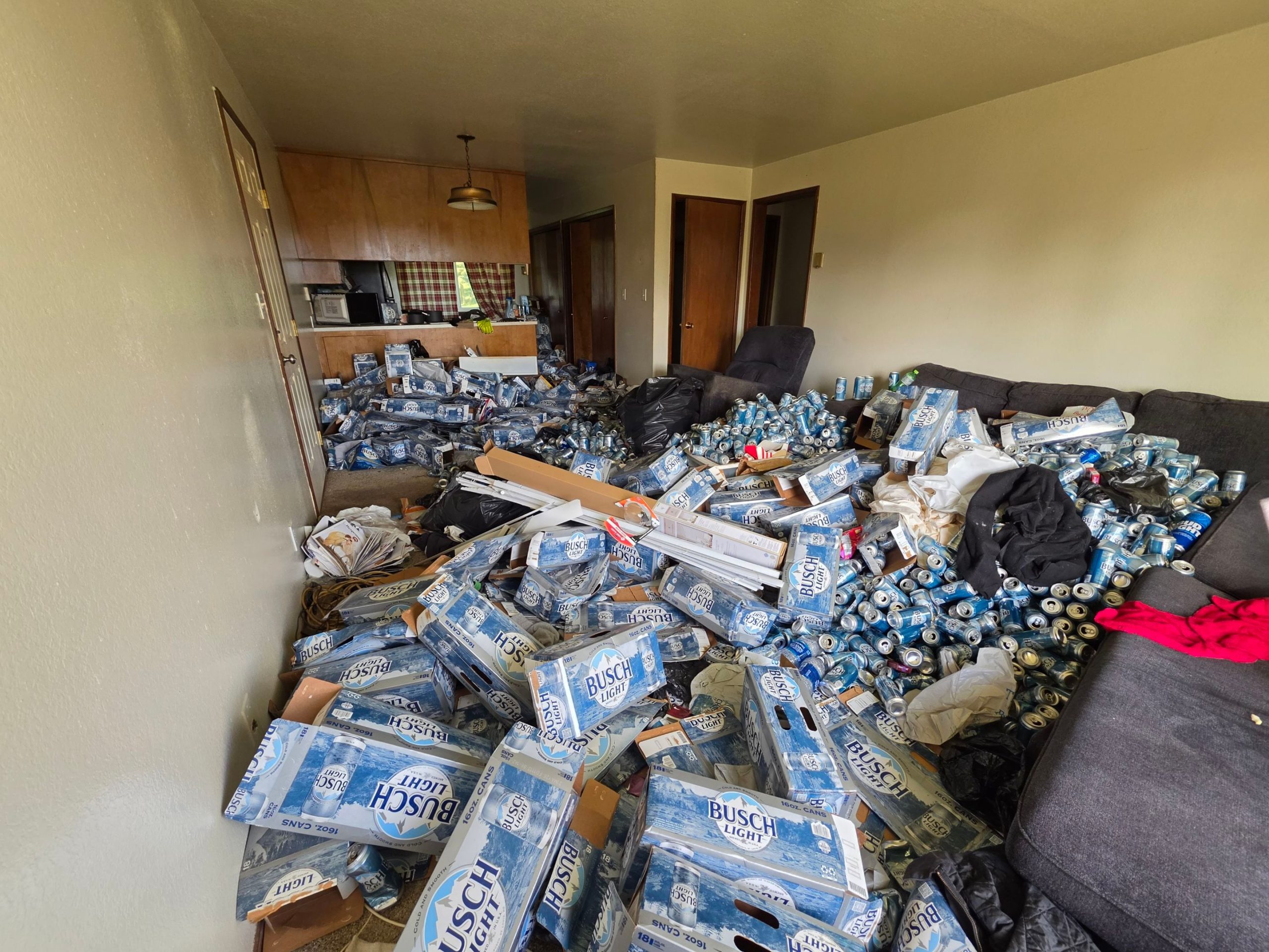 beer can hoarded living room